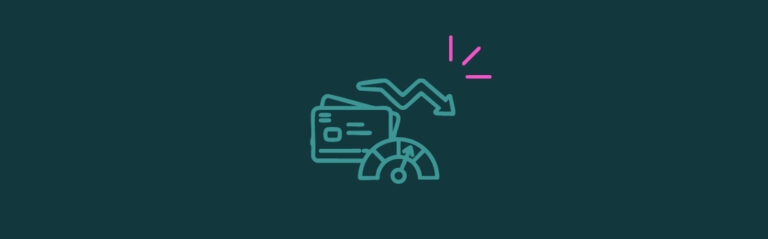 A graphic of stacked credit cards behind a gauge and an arrow trending down with pink emphasis lines on the top right corner