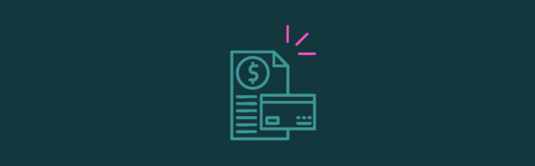 An icon of a bill and a credit card with pink emphasis lines on the top right corner