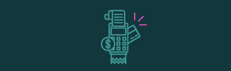 A graphic of a calculator printing with a credit card behind it and pink emphasis lines on the top right corner