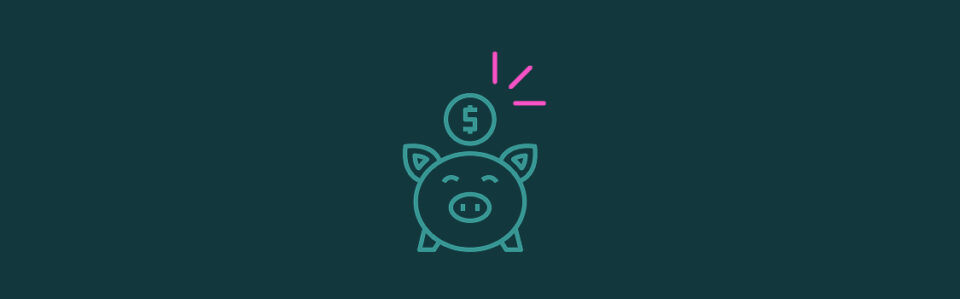 An icon of a piggy bank facing forward with a coin above it