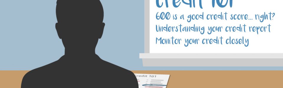 Credit score illustration of person silhouette in front of a board talking about credit scores
