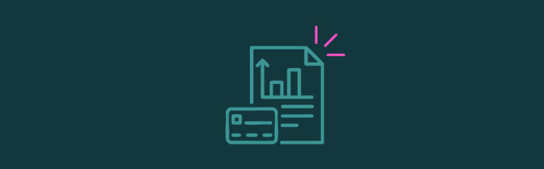 An icon of a credit card in front of a credit report with an upward arrow on the report and with pink emphasis lines on the top right corner