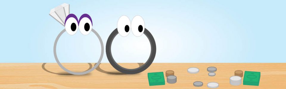 cartoon of two rings and money on a table