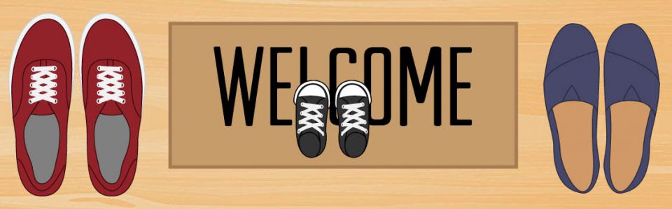 Welcome mat illustration with parent shoes and baby shoes