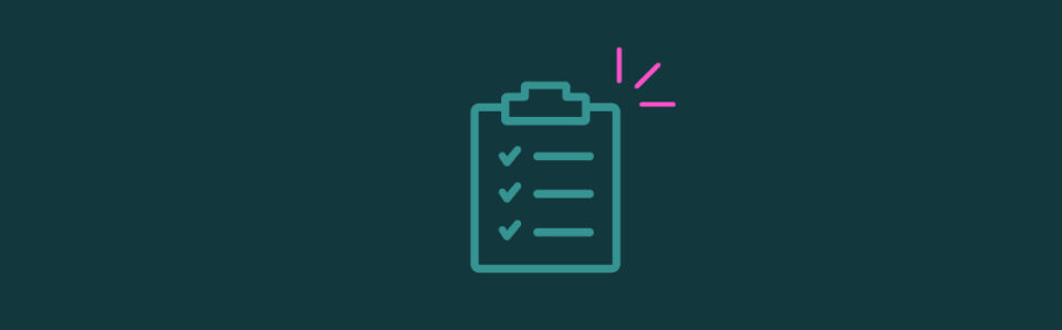 An icon of a clipboard with a checklist and pink emphasis lines at the top right