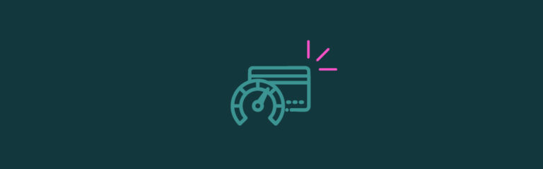 An icon of a credit score gauge with a credit card behind it and pink emphasis lines on the top right corner