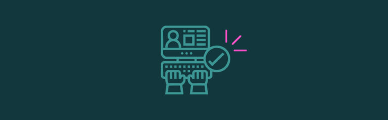 An icon of two hands typing on a computer with a checkmark and pink emphasis lines on the top right corner