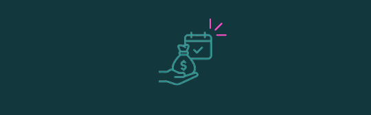 An icon of a money bag in a palm with a calendar behind it