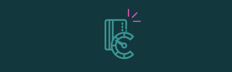 An icon of a gauge and a credit card with pink emphasis lines on the top right corner