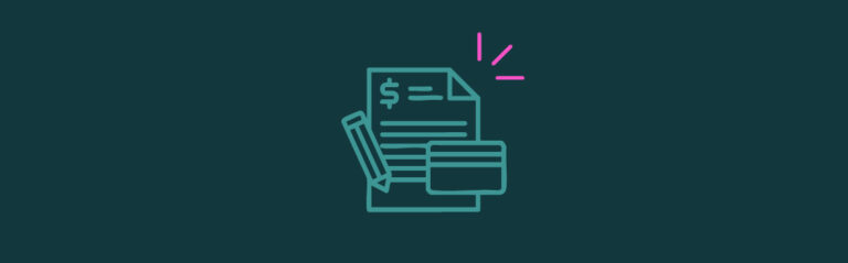 A graphic of a bill and a pencil with a credit card with pink emphasis lines on the top right corner