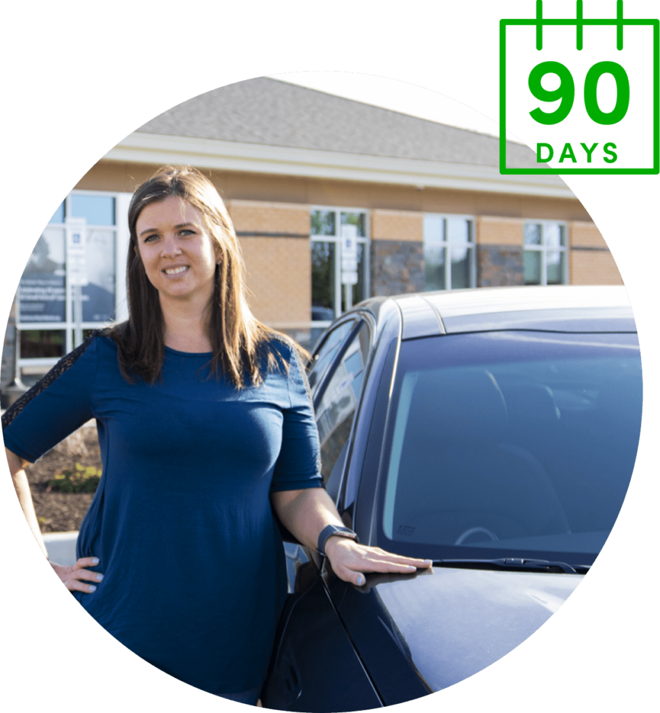 Alltru member Michelle, a middle-aged white woman with brunette hair wearing a navy top, pictured at the Alltru St. Charles branch smiling while standing next to her car. The text '45 days' is to the top-left. Image is inside of a circle shape.