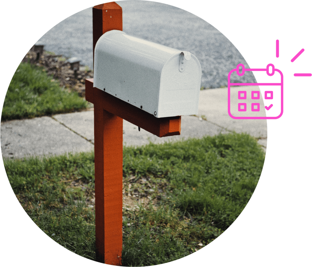 Image of a white mailbox inside of a circle shape with a pink calendar icon on the top right-hand side