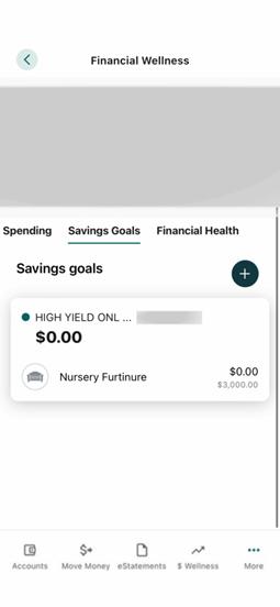 Mobile banking screenshot of Financial Wellness tab with a Savings Goal