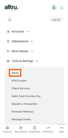 Mobile banking screenshot of Tools and Settings dropdown with Alerts in an orange box