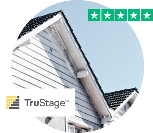 TruStage logo over a circle shape photo of a house with a 5 star graphic