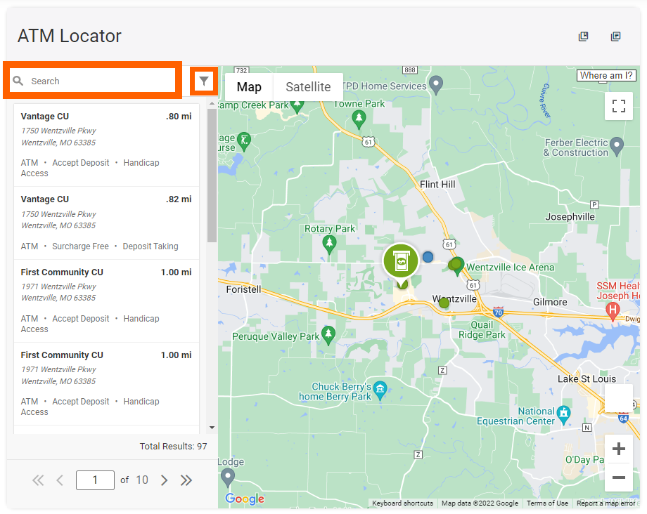 Online banking screenshot of ATM Locator tool. Orange box highlighting the search bar and around the filter icon to search by location type. 