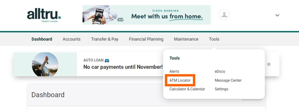 Online banking screenshot of dashboard with an orange box around 'ATM Locator' under the Tools menu