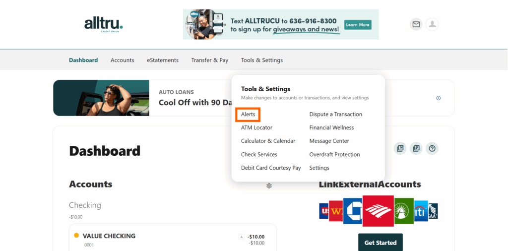 A screenshot of Online Banking with an orange box around Alerts