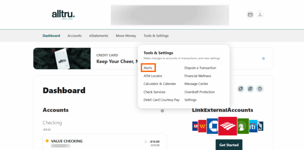Online banking screenshot of the Tools & Settings menu with Alerts in an orange box