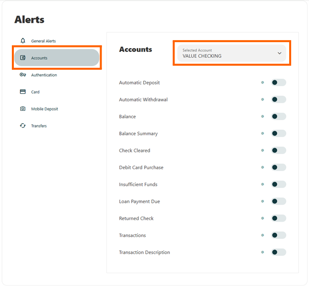 A screenshot of Online Banking with orange boxes around Accounts and Value Checking