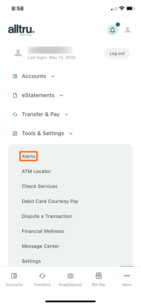 Mobile banking screenshot with Alerts in an orange box