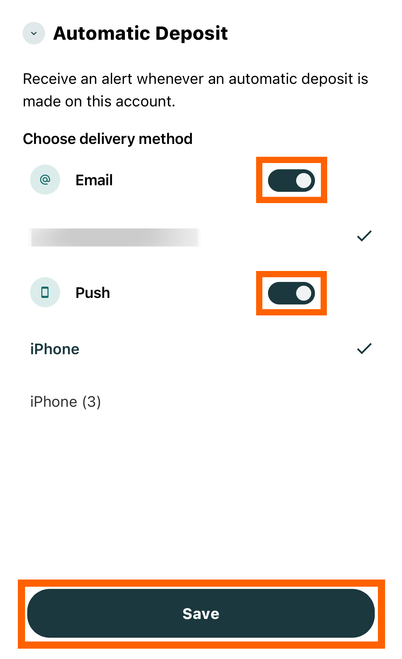 Online banking screenshot of automatic deposit alerts and an orange box around the email and push notification options as well as the Save button at the bottom