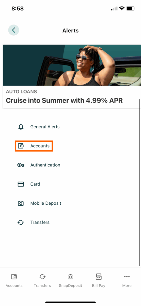 Mobile banking screenshot with an orange box around Accounts