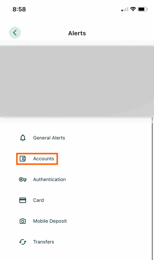 Mobile banking screenshot of the Alerts page with Accounts in an orange box