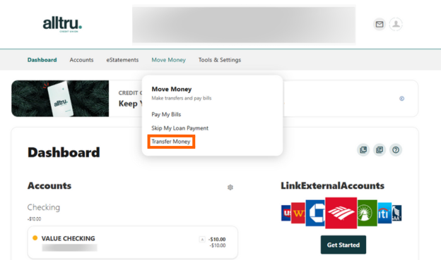 A screenshot of online banking with orange box around Transfer Money