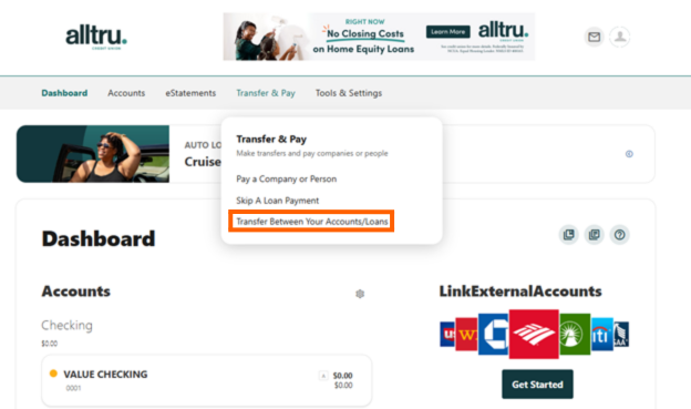 A screenshot of online banking with orange box around Transfer Between Your Accounts/Loans