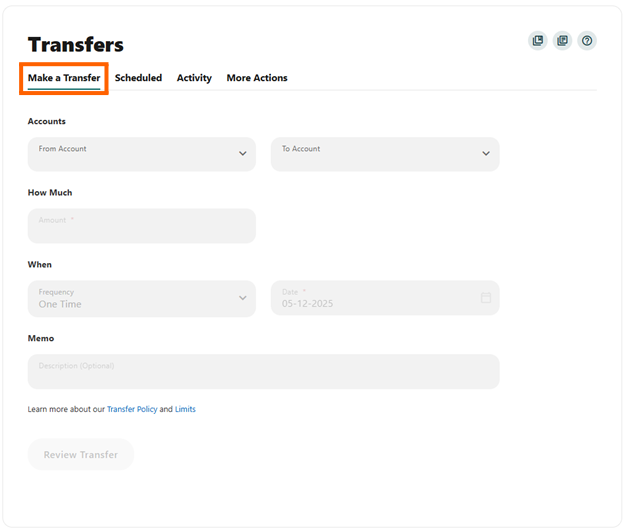 The Transfers tab in online banking with an orange box around Make a Transfer