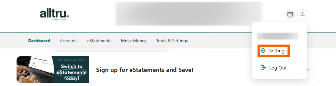 Online banking screenshot with profile Settings in an orange box