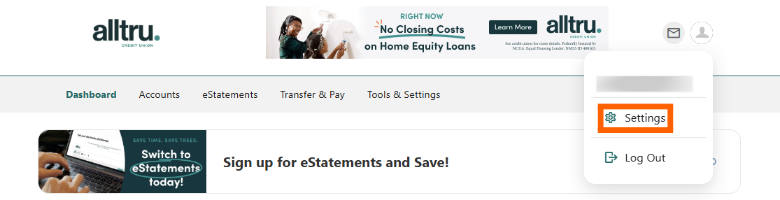 How to Change your Address | Alltru Credit Union | St. Louis, MO Online banking screenshot with profile Settings in an orange box