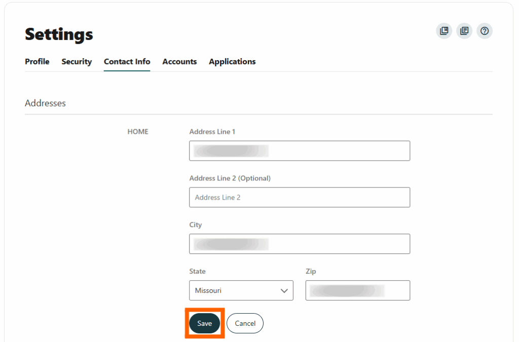 Online banking screenshot of contact info with an orange box around the Save button