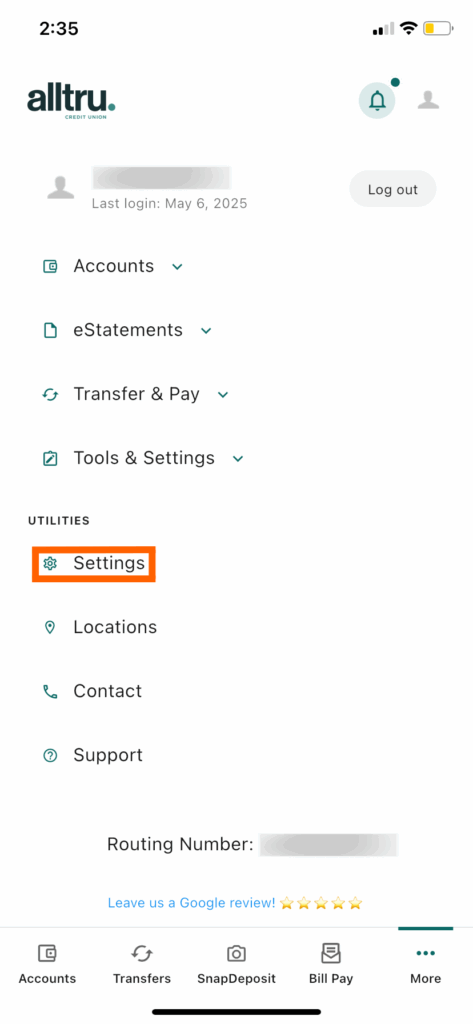 Mobile banking screenshot with the utilities dropdown open and an orange box around Settings
