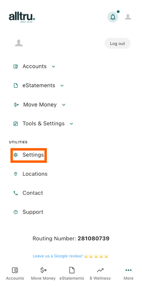 Mobile banking screenshot with the utilities dropdown open and an orange box around Settings