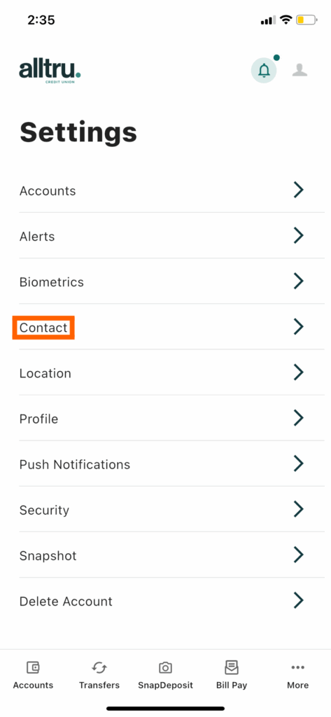 Mobile banking screenshot of the settings page with an orange box around the Contact section