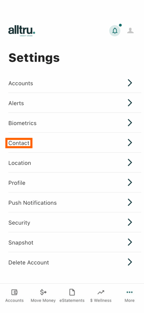 Mobile banking screenshot of the settings page with an orange box around the Contact section