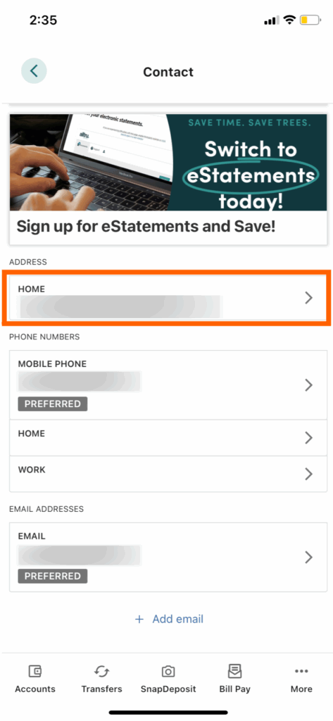 Mobile banking screenshot of updating an address with an orange box around Home