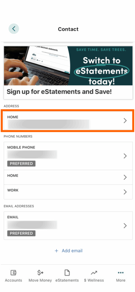 Mobile banking screenshot of updating an address with an orange box around Home