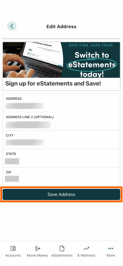 Mobile banking screenshot with the save address button in an orange box