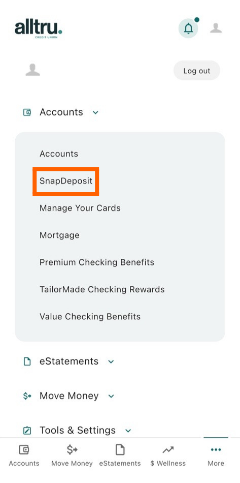 Mobile banking screenshot of the More tab with SnapDeposit in an orange box under the Accounts dropdown