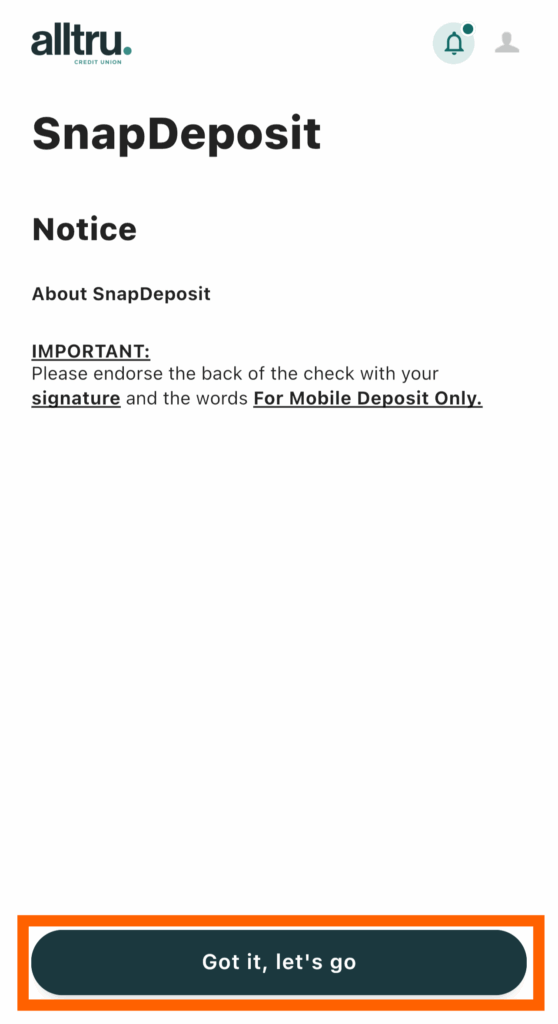 Mobile banking screenshot of SnapDeposit setup with Got it, let's go button in an orange box