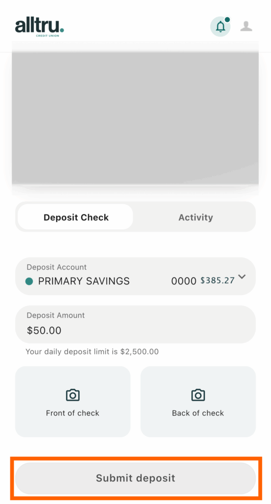 Mobile banking screenshot of SnapDeposit with the submit deposit button in an orange box