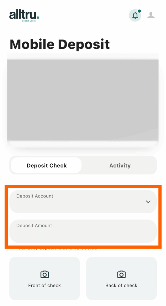 Mobile banking screenshot of SnapDeposit with Deposit Account and Deposit Amount in an orange box