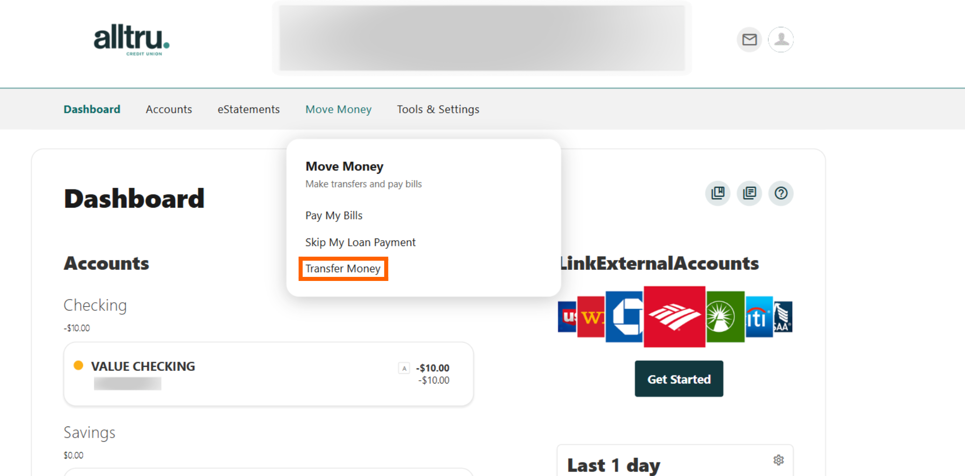 Online Banking screenshot with an orange box around Transfer Between Your Accounts//Loans