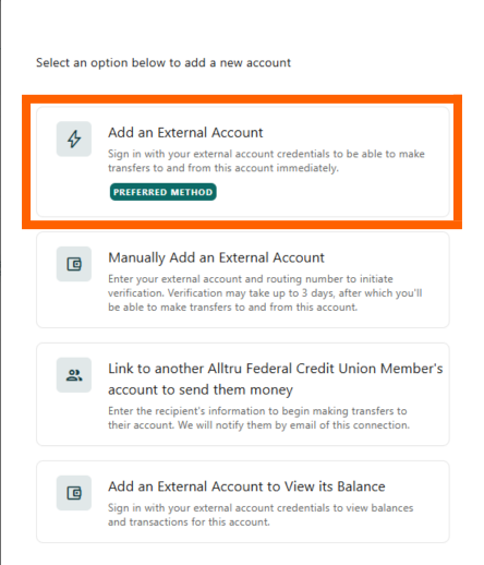 Online banking screenshot of adding an external account with the button in an orange box