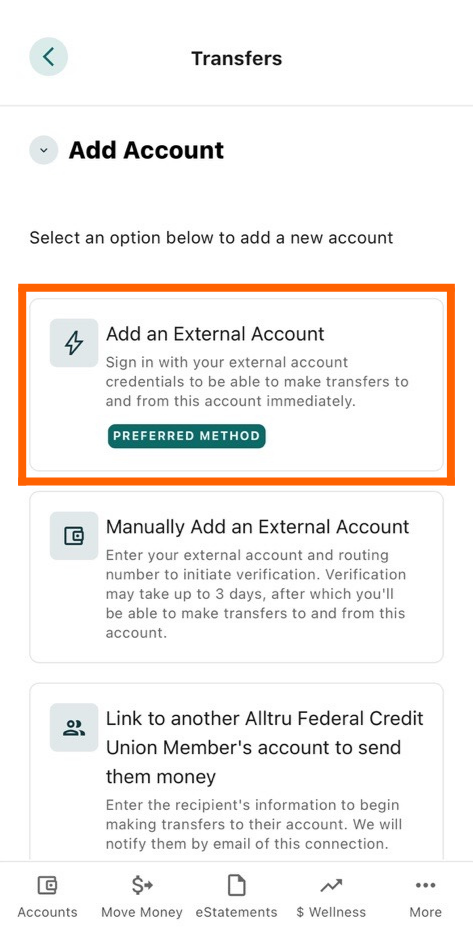 Mobile Banking add an external account option in an orange box