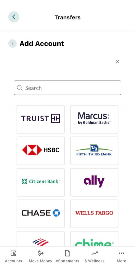 Mobile Banking connect an external account options