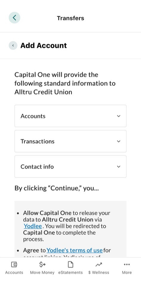 Mobile Banking connect Capital One account screen top half